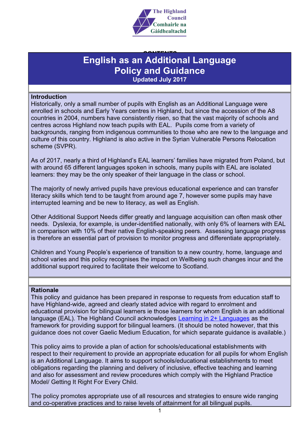 English As an Additional Language (EAL) Policy and Practice Guidance