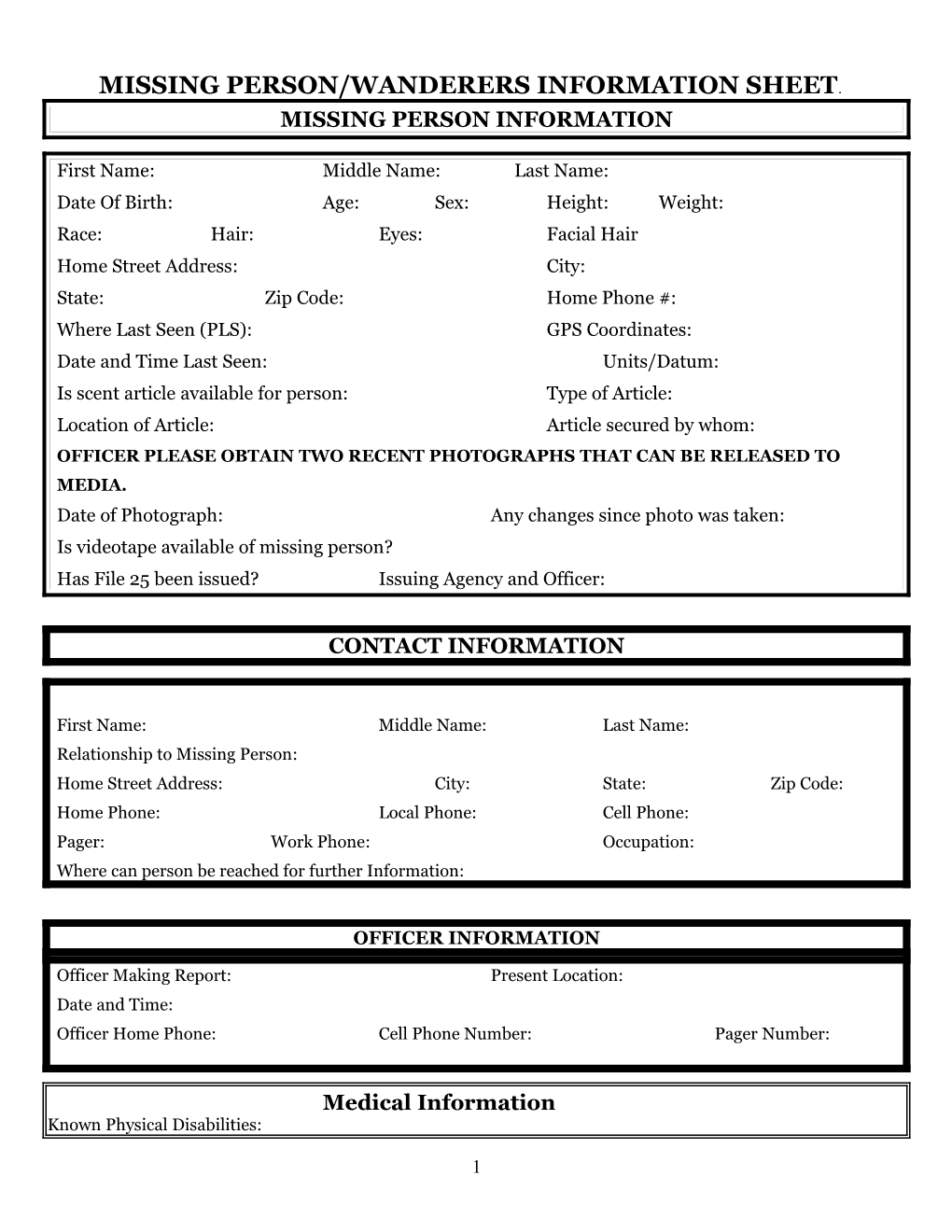 Missing Person/Wanderers Information Sheet