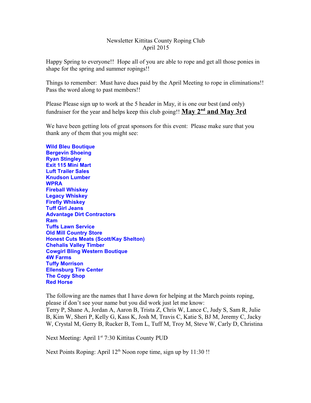 Newsletter Kittitas County Roping Club