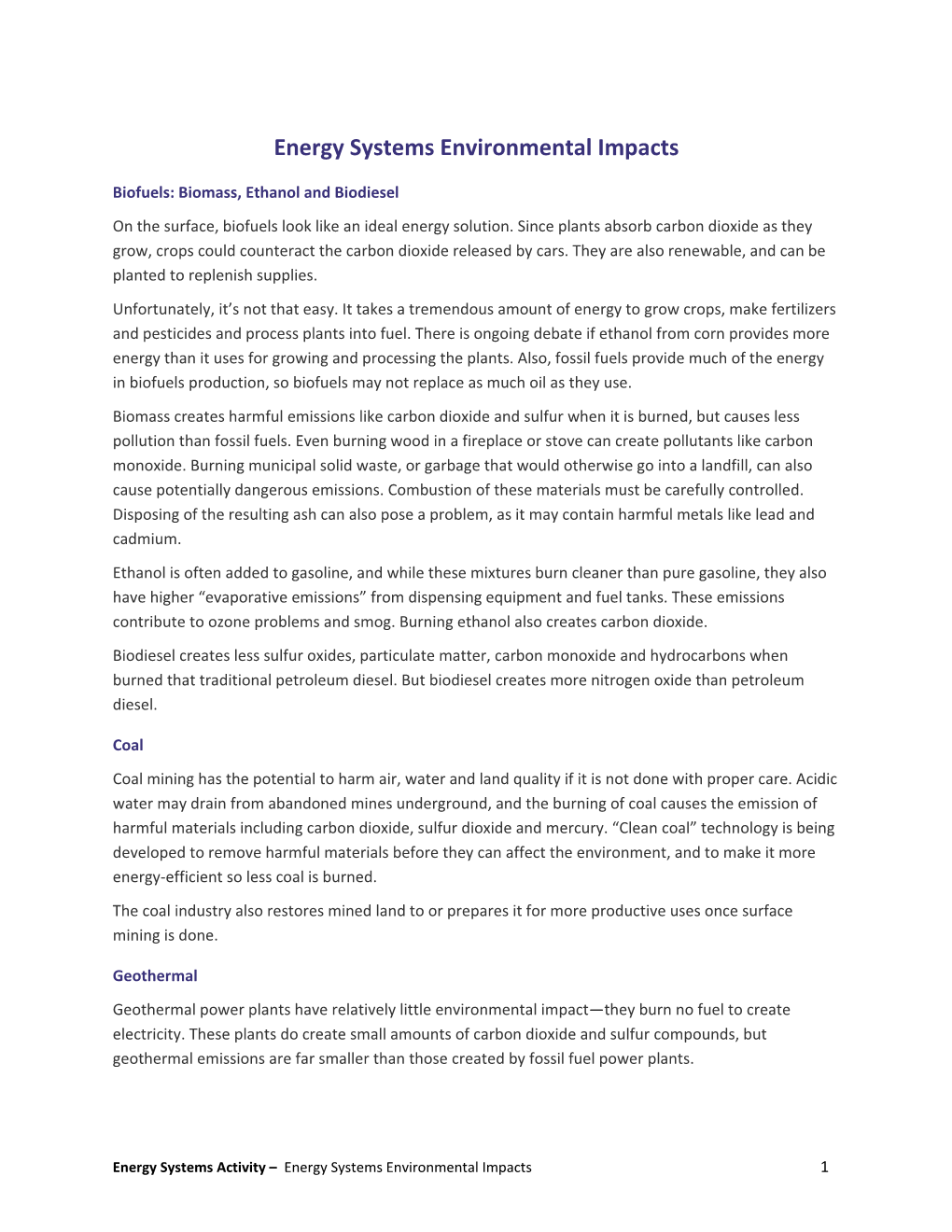 Energy Systems Environmental Impacts