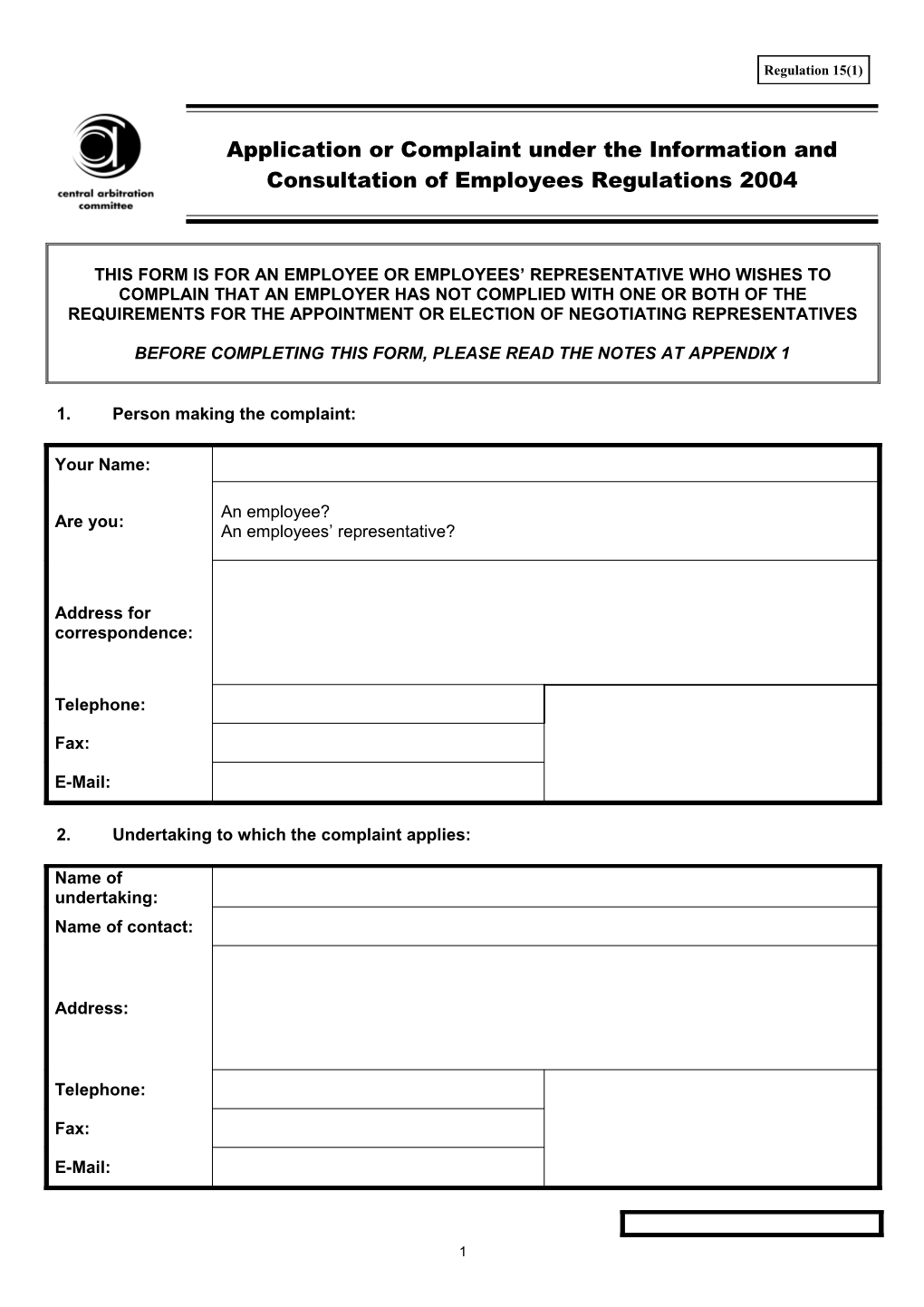 I & C Application Form (Reg 15(1))