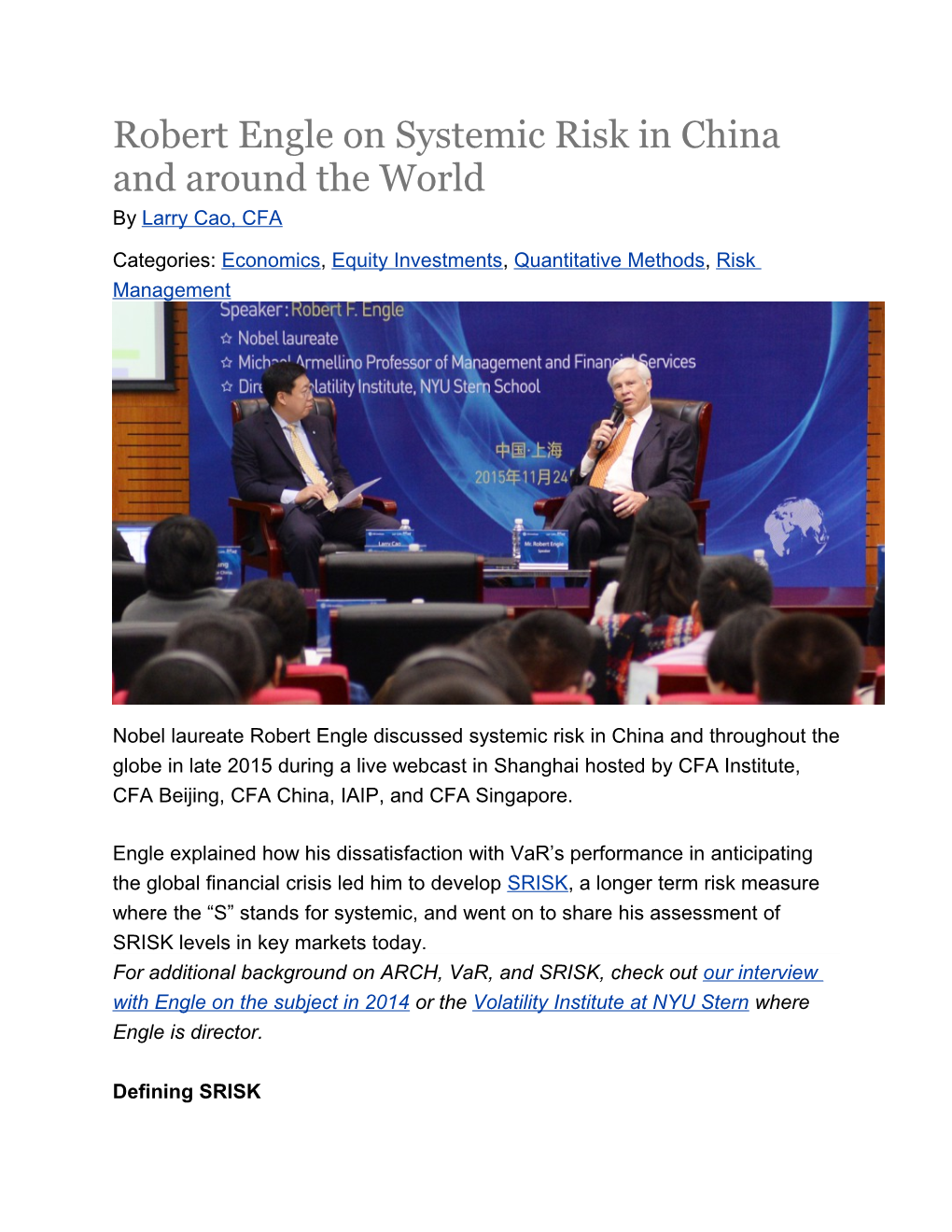 Robert Engle on Systemic Risk in China and Around the World