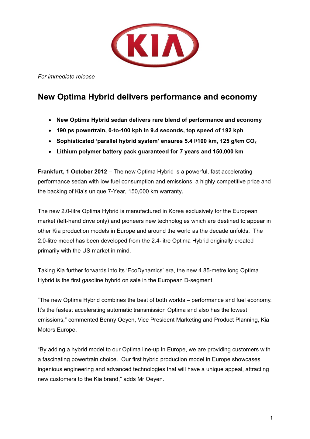 New Optima Hybrid Delivers Performance and Economy