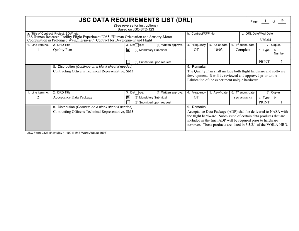 Jsc Data Requirements List (Drl)