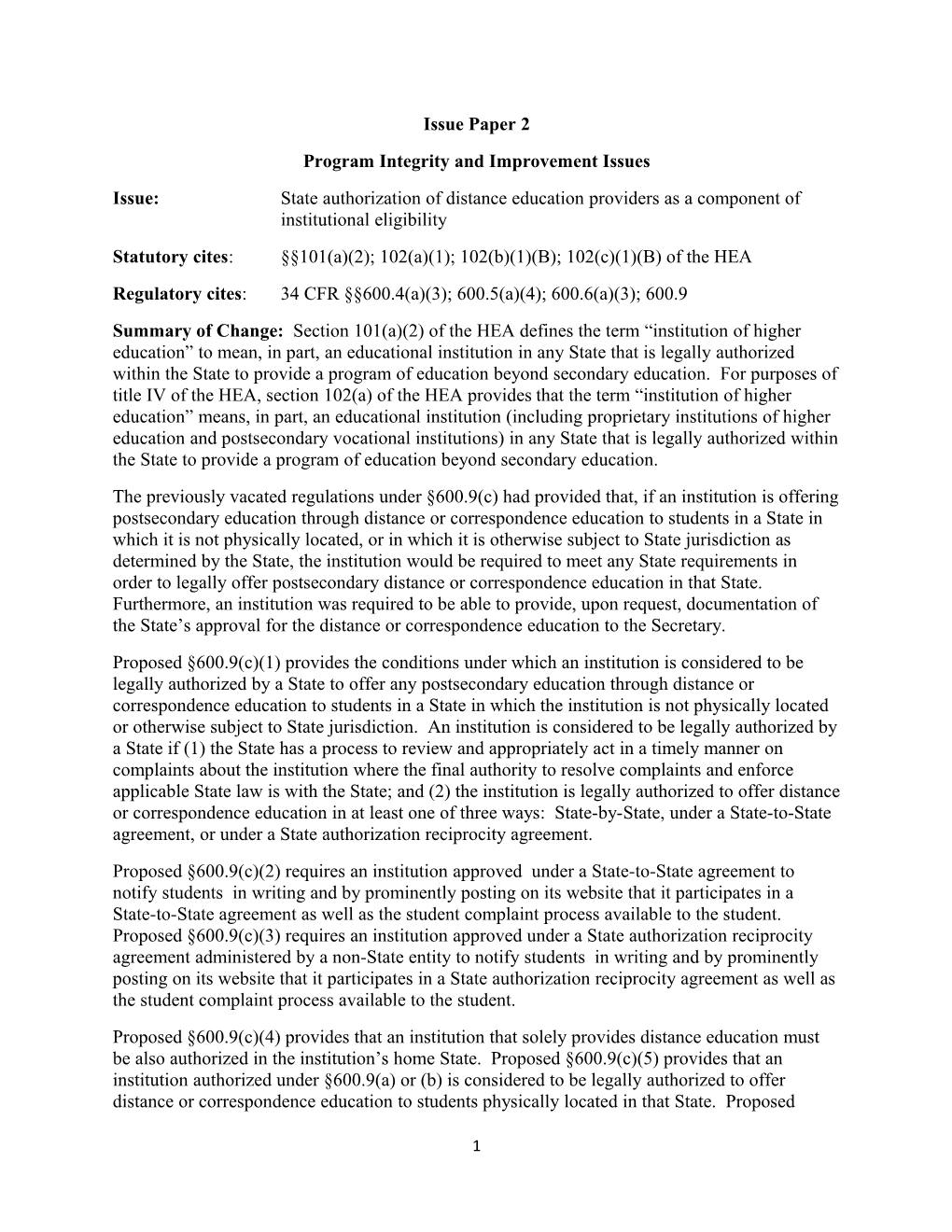 Negotiated Rulemaking for Higher Education 2012-2014: PII Session 2 - Issue Paper 2, State