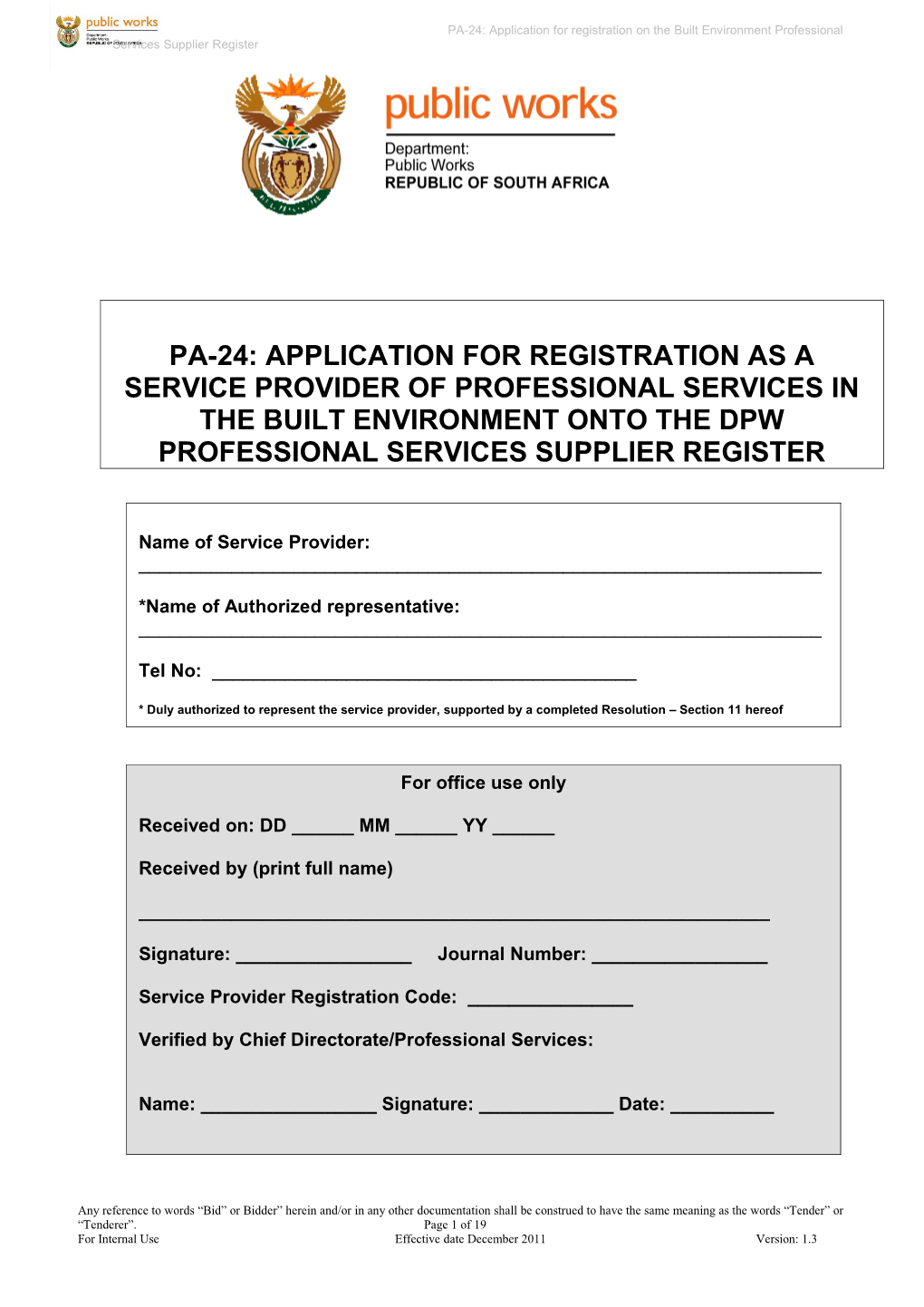 1.1 Department of Public Works Built Environment Service Provider Registration