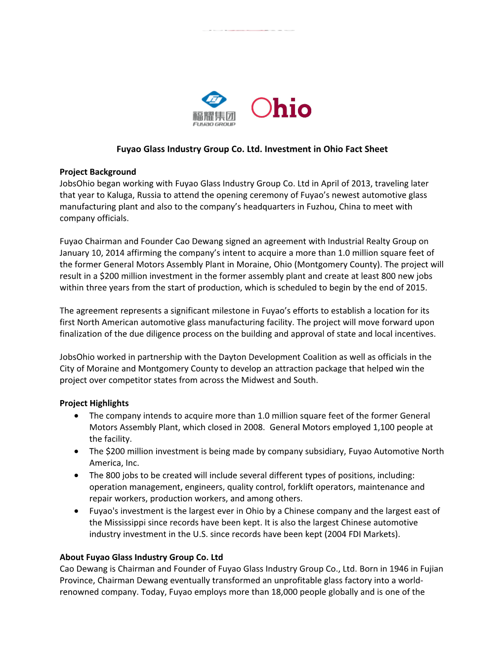 Fuyaoglass Industry Group Co. Ltd. Investment in Ohio Fact Sheet
