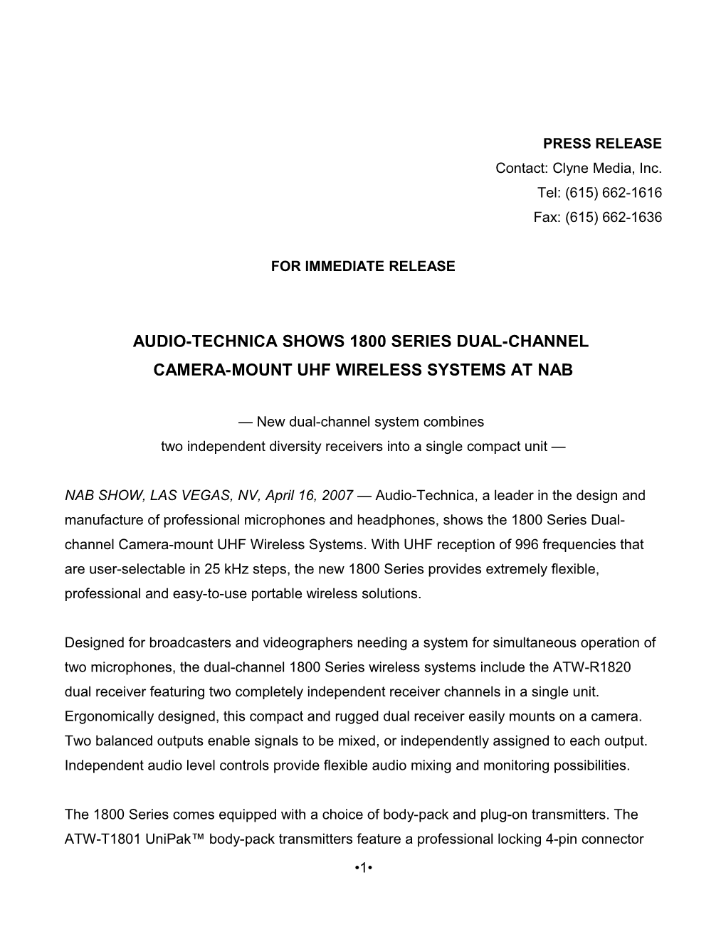 Audio-Technica Shows 1800 Series Dual-Channel