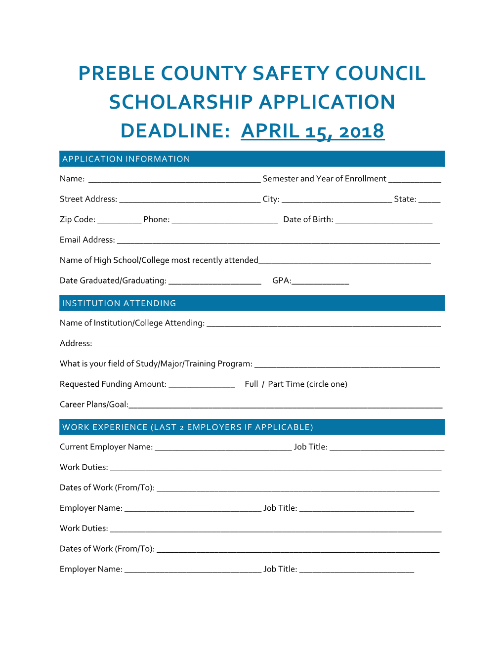 Preble County Safety Council Scholarship Application