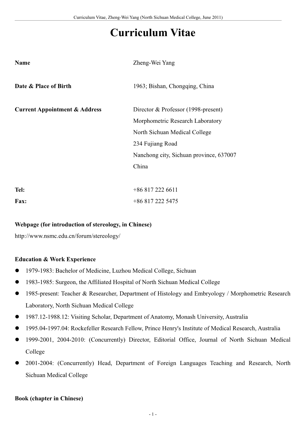 Curriculum Vitae, Zheng-Wei Yang (North Sichuan Medical College, June 2011)