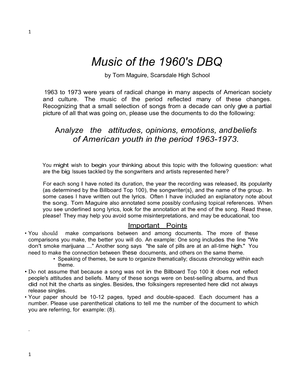 Music of the 1960'S DBQ