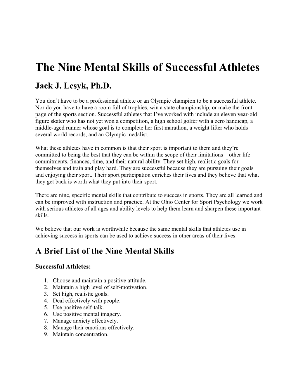 The Nine Mental Skills of Successful Athletes