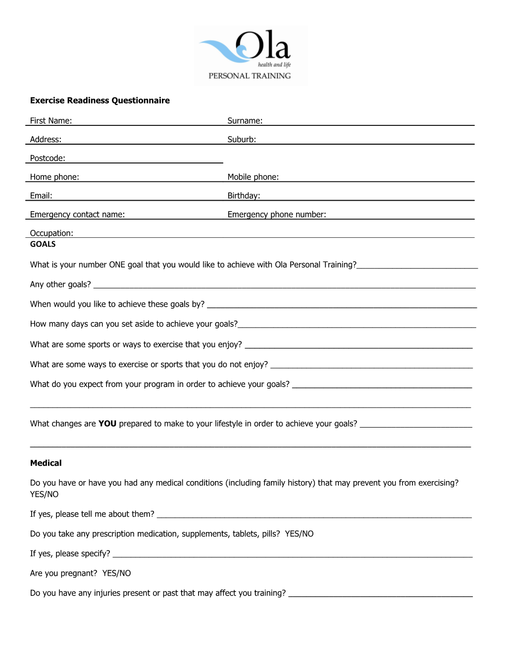 Exercise Readiness Questionnaire