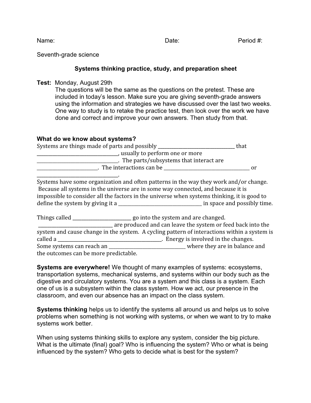 Systems Thinking Practice, Study, and Preparation Sheet