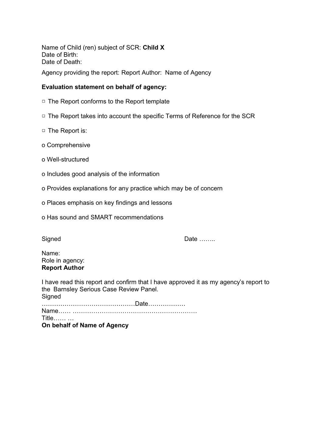 Agencyreportforthe Serious Case Review on Child X