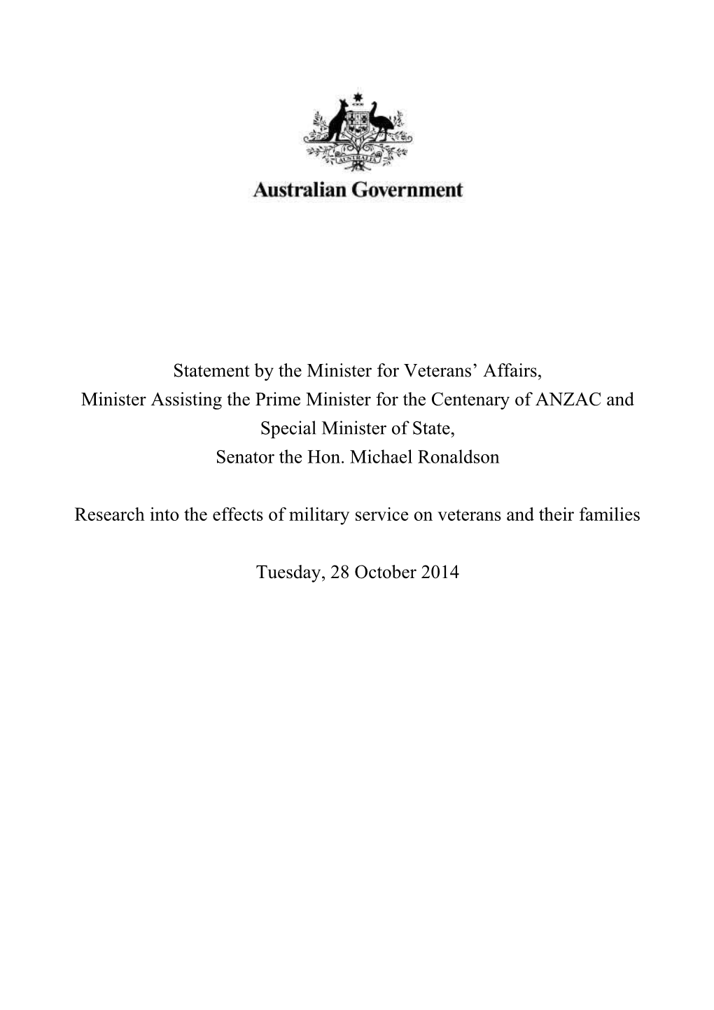 Statement by the Minister for Veterans Affairs