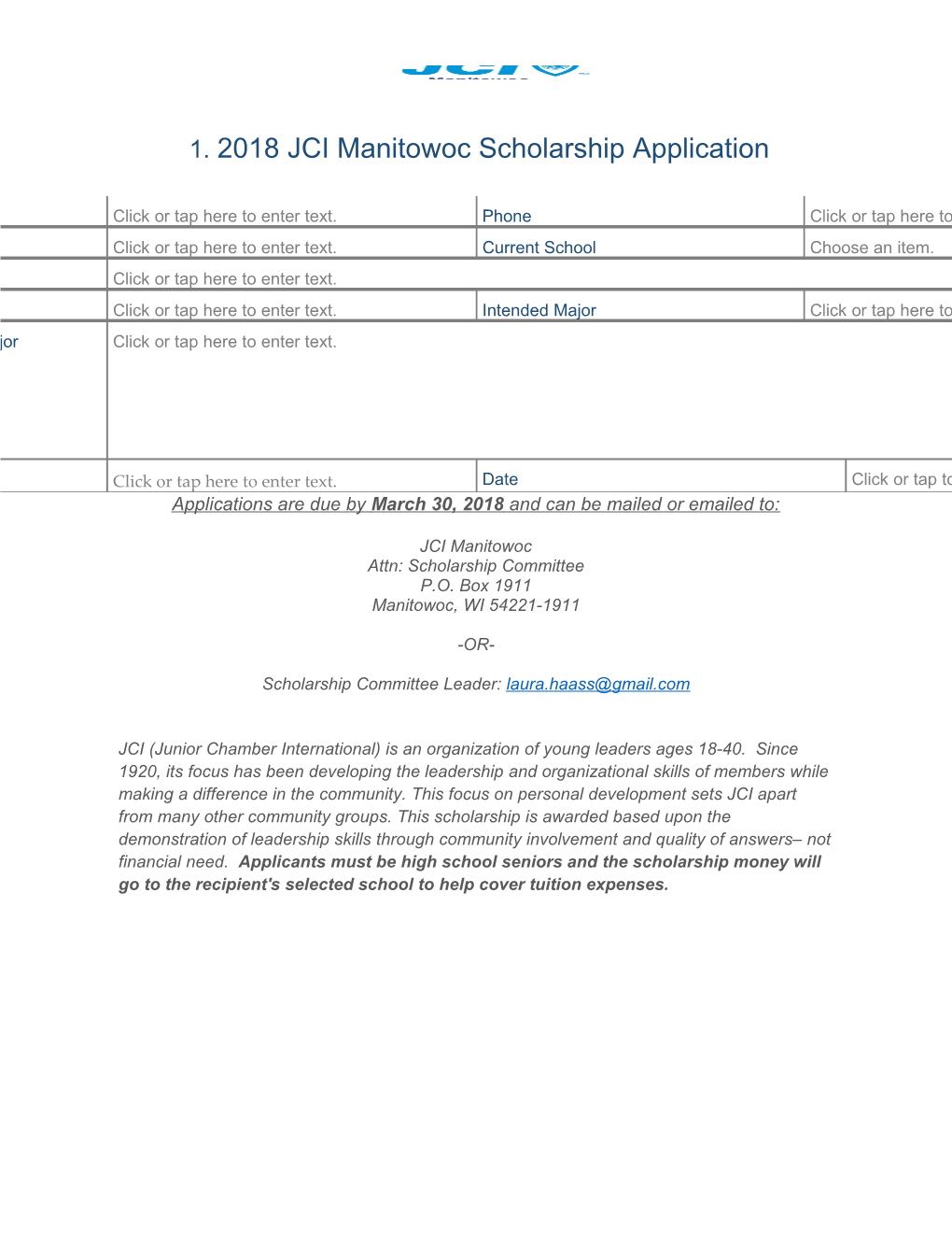 2018 JCI Manitowoc Scholarship Application