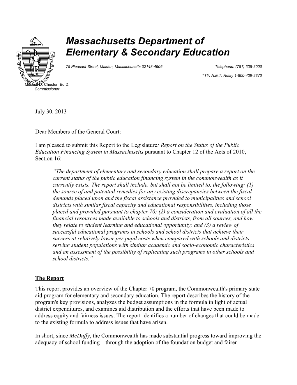 Report on the Status of the Public Education Financing System in Massachusetts