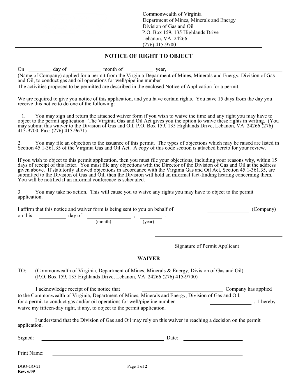 Notice of Right to Object