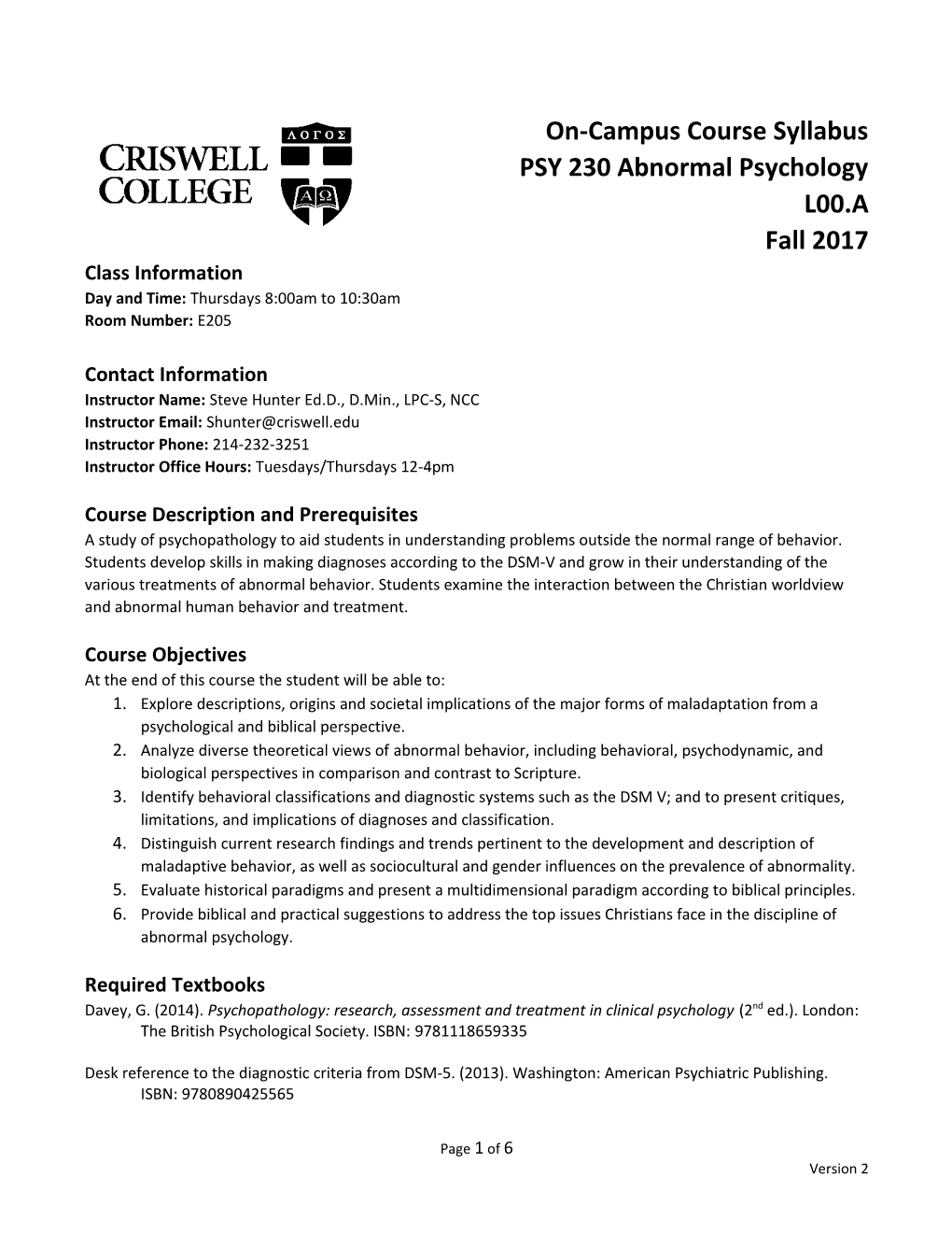 PSY 230 Abnormal Psychology