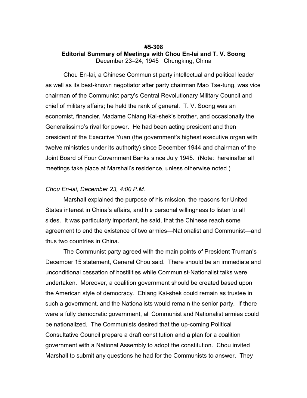 Editorial Summary of Meetings with Chou En-Lai and T. V. Soong