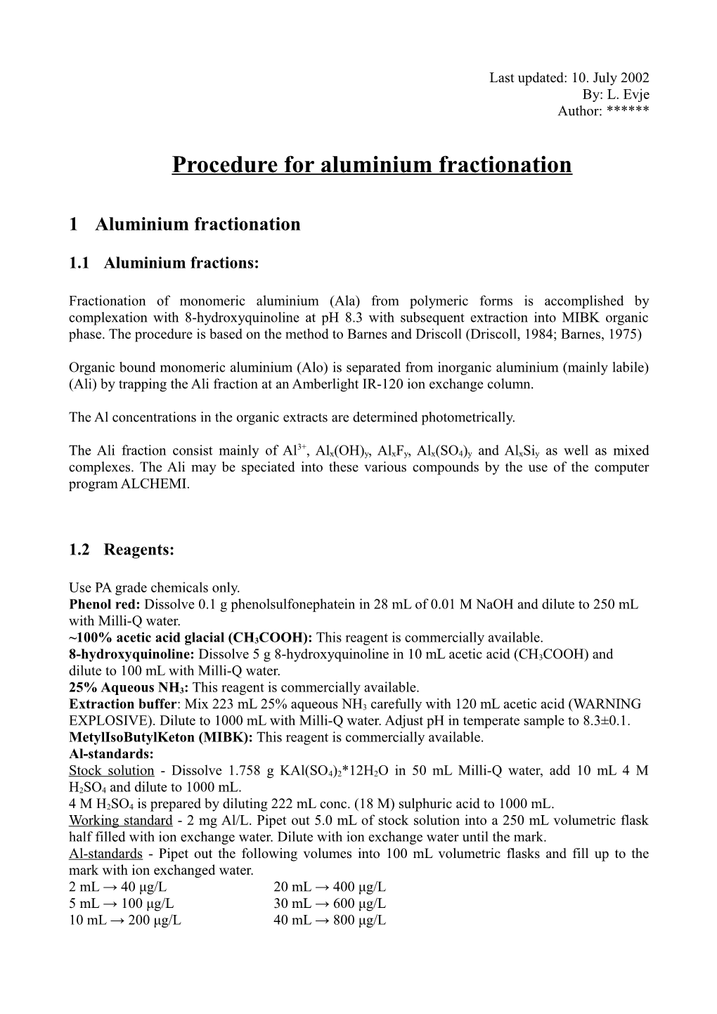 Procedure for Aluminium Fractionation