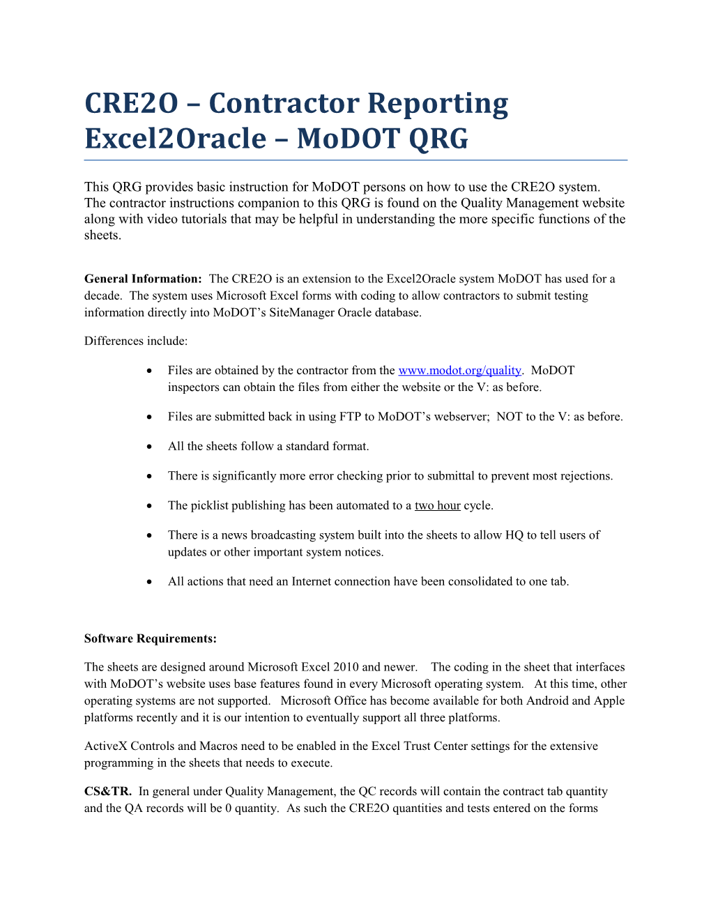 CRE2O Contractor Reporting Excel2oracle Modot QRG