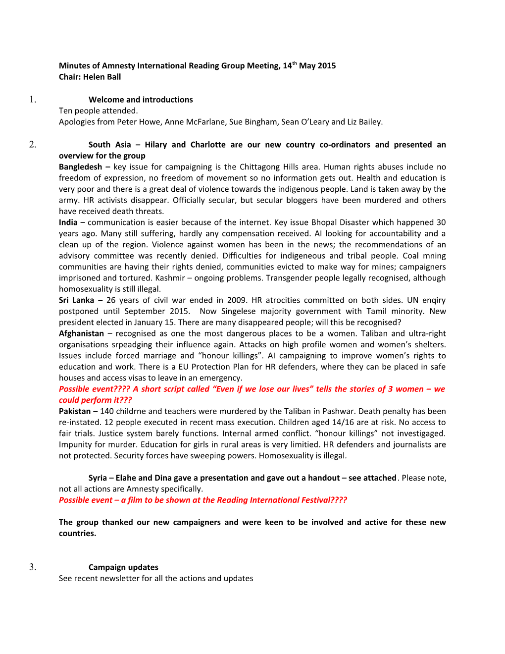 Minutes of Amnesty International Reading Group Meeting, 9Th November 2006