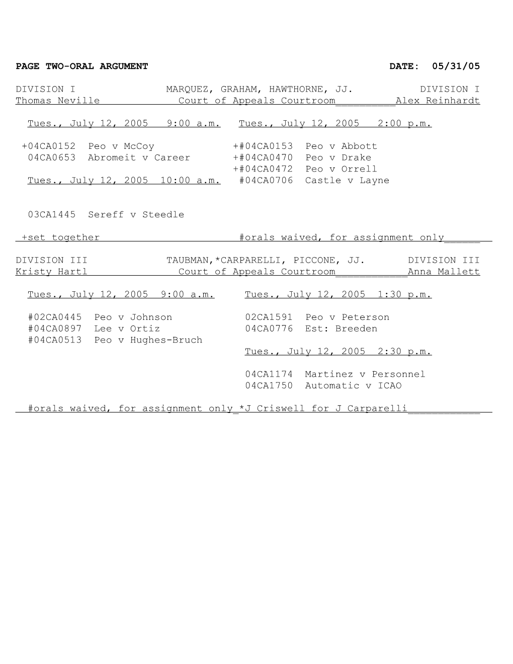 Page One-Oral Argument Date: 05/26/05