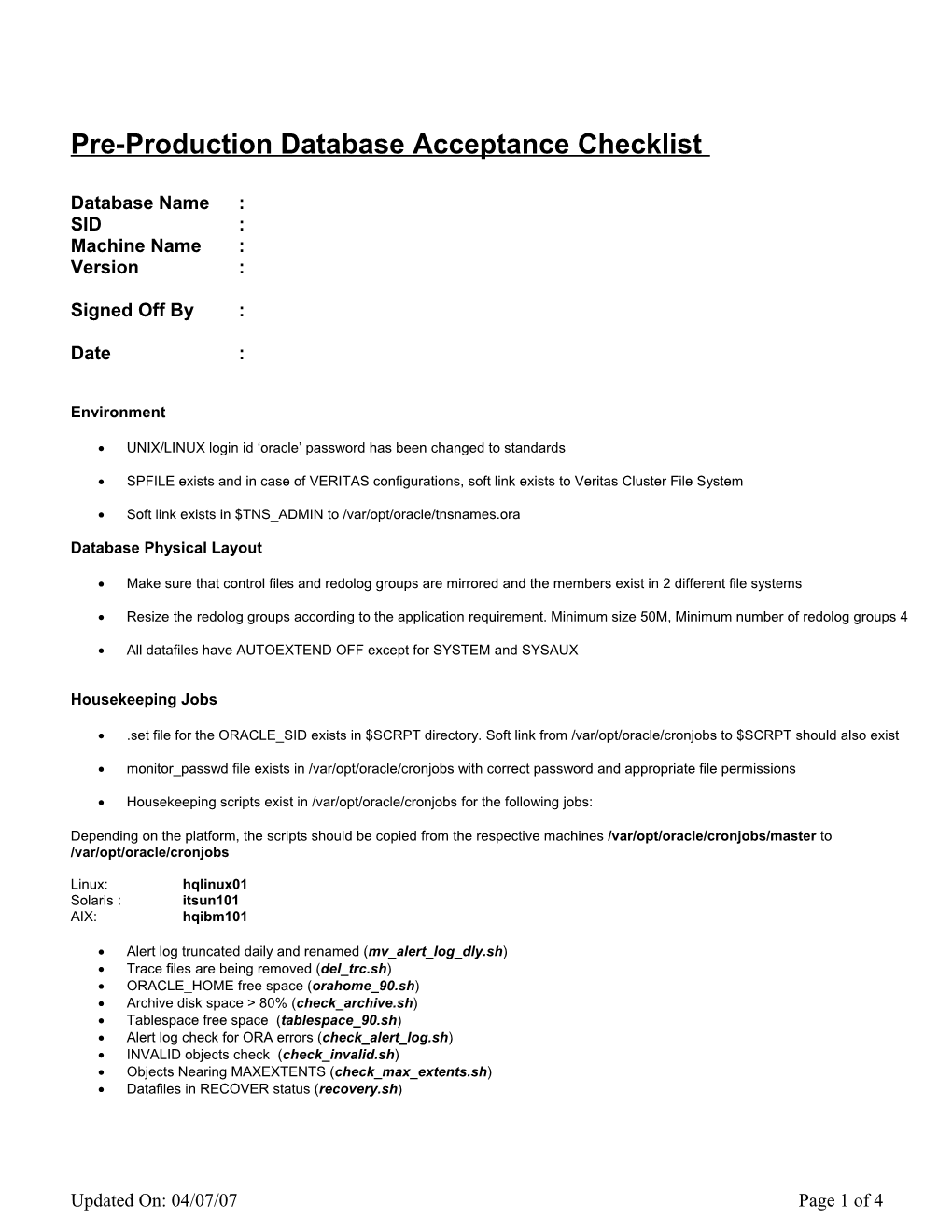 Pre-Production Acceptance Checklist