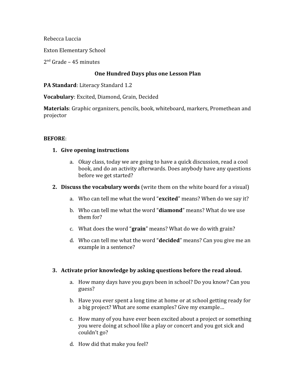 One Hundred Days Plus One Lesson Plan