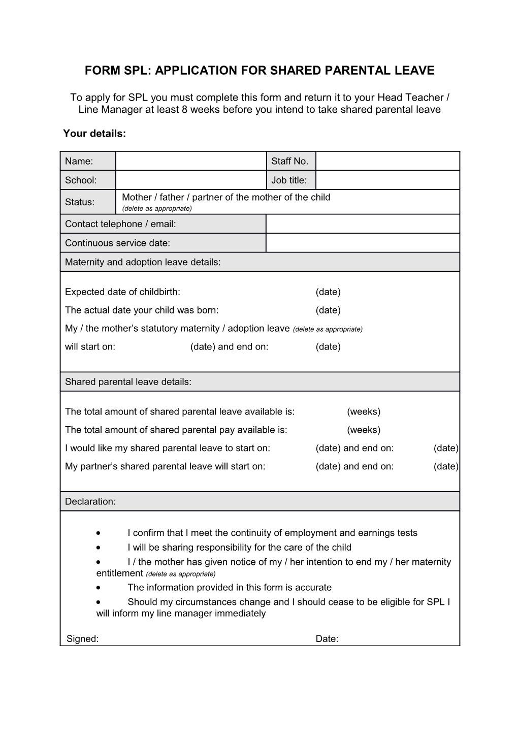 Form Spl: Application for Shared Parental Leave