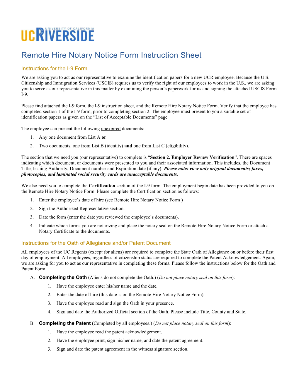 Remote Hire Notary Notice Form Instruction Sheet