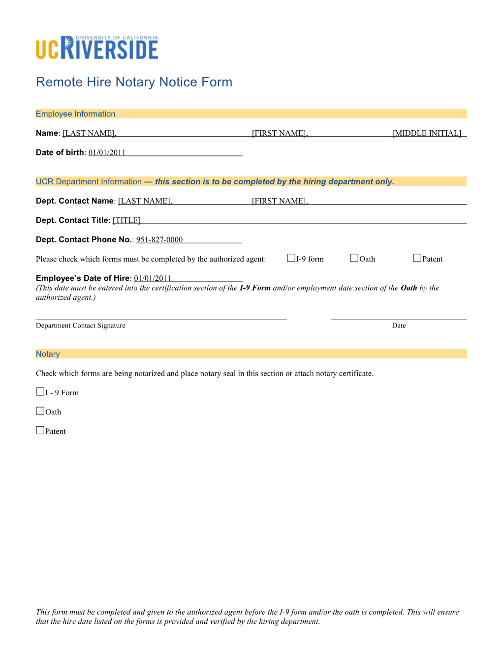 Remote Hire Notary Notice Form Instruction Sheet