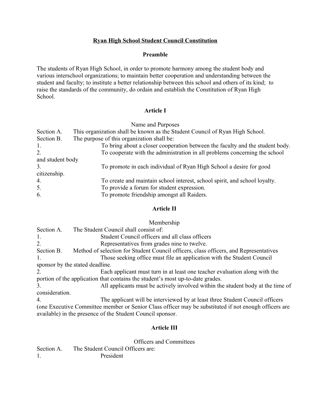 Ryan High School Student Council Constitution