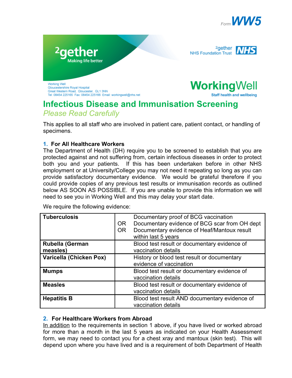 Infectious Disease and Immunisation Screening