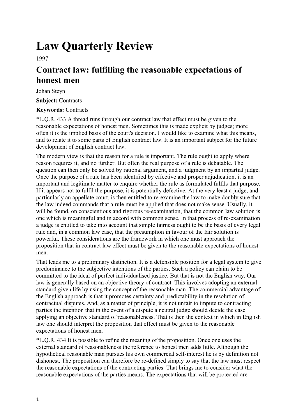 Contract Law: Fulfilling the Reasonable Expectations of Honest Men