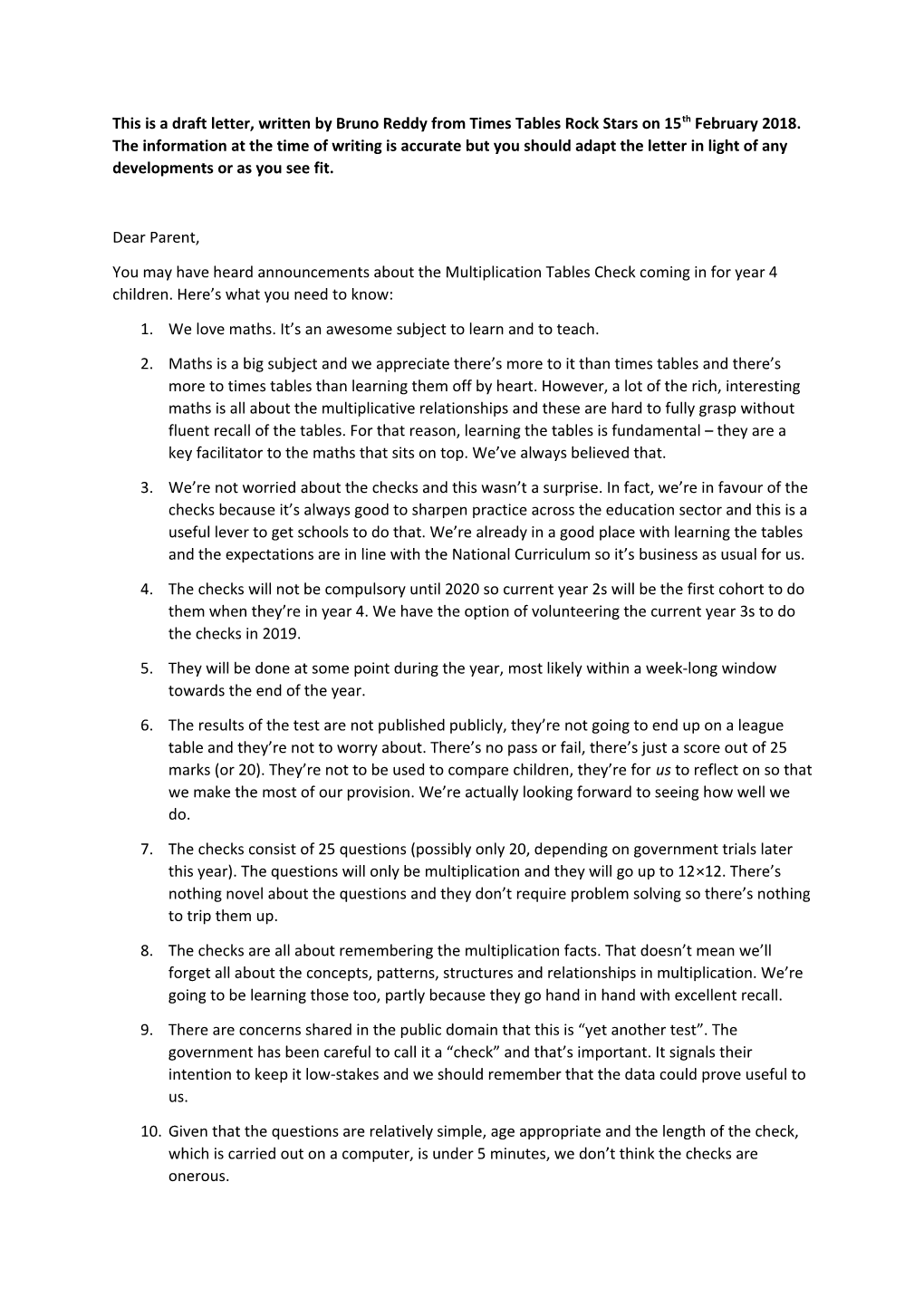 This Is a Draft Letter, Written by Bruno Reddy from Times Tables Rock Stars on 15Th February