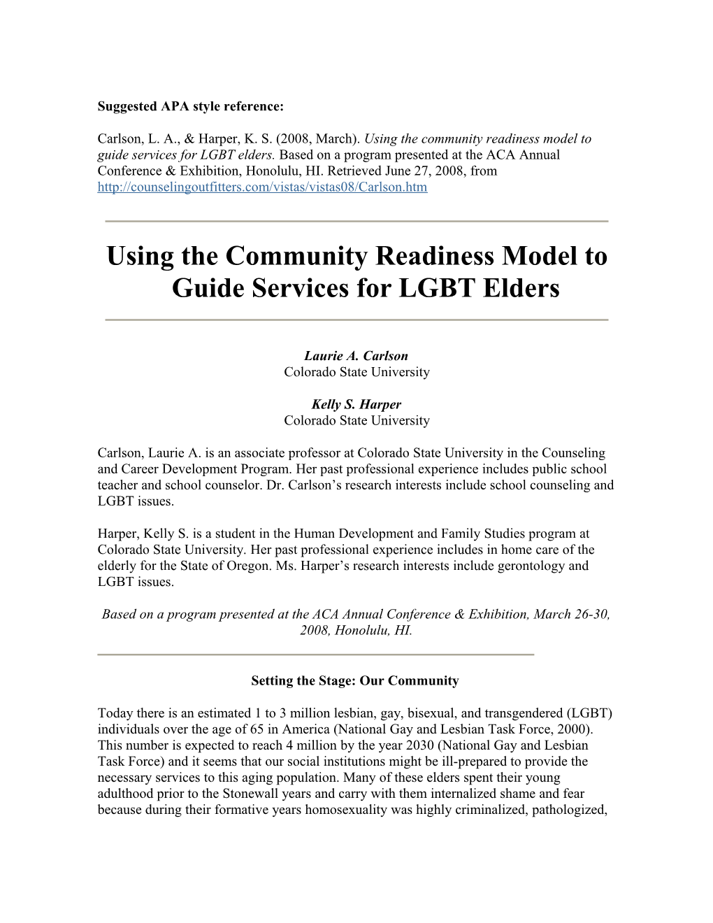 Using the Community Readiness Model to Guide Services for LGBT Elders
