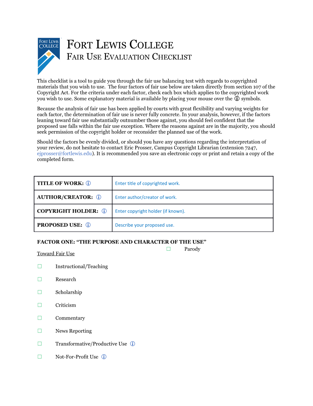 Fair Use Evaluation Checklist