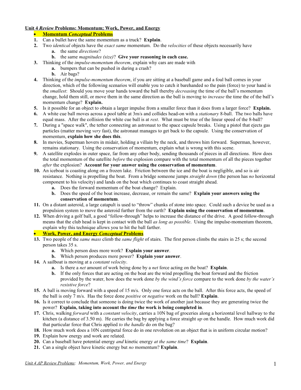 Unit 4 AP Review Problems Momentum,Work, Power, Energy