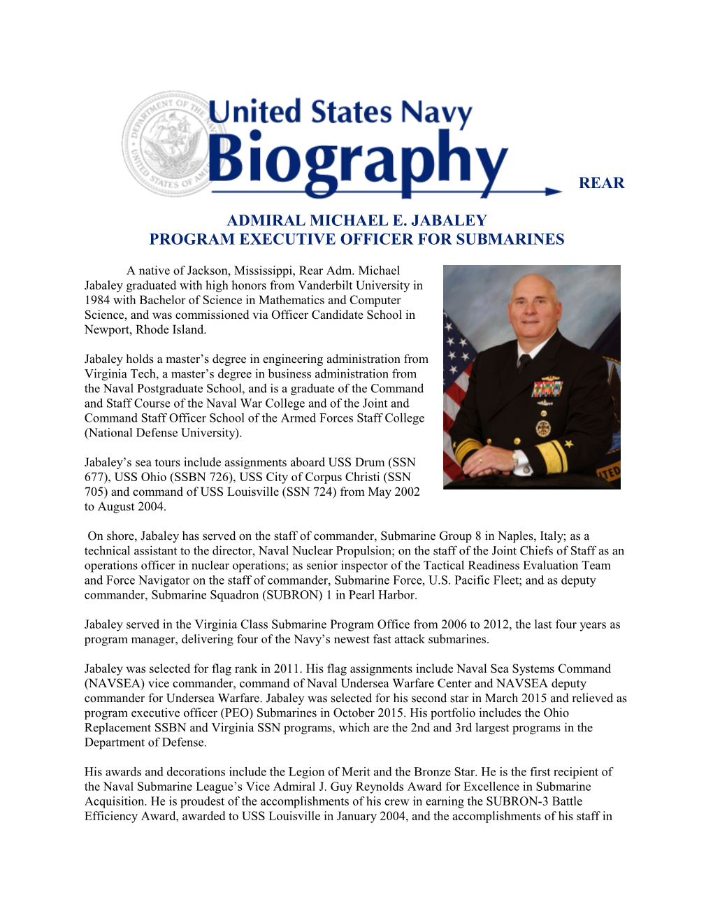 Rear Admiral Michael E. Jabaley