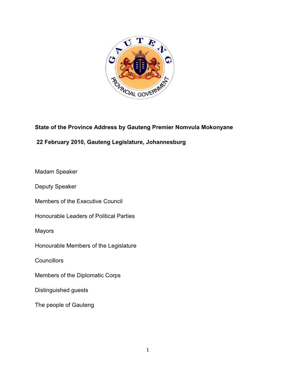 State of the Province Address by Gauteng Premier Nomvula Mokonyane
