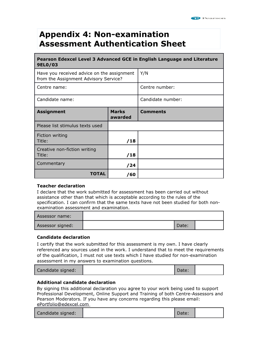 Appendix 4: Non-Examination Assessment Authentication Sheet