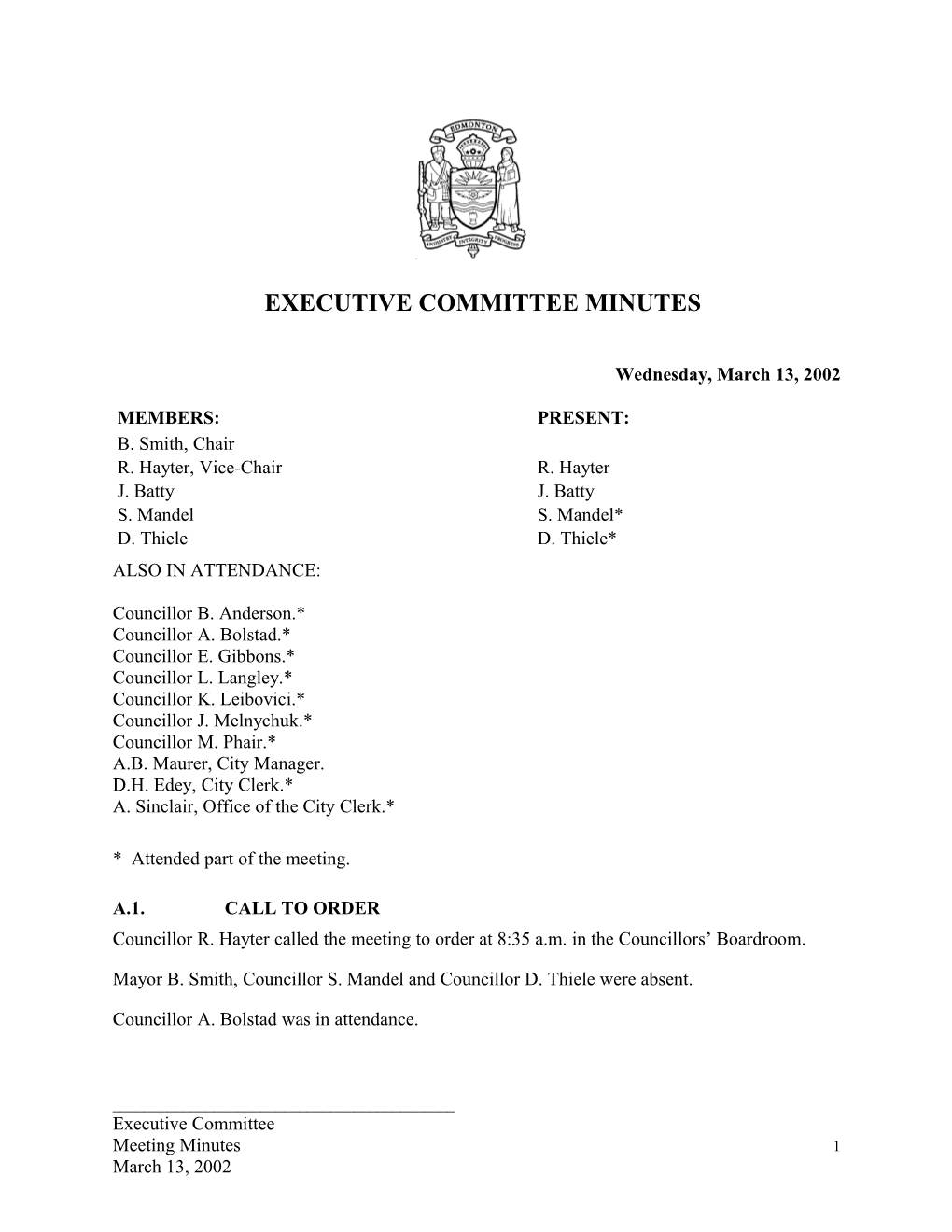 Minutes for Executive Committee March 13, 2002 Meeting
