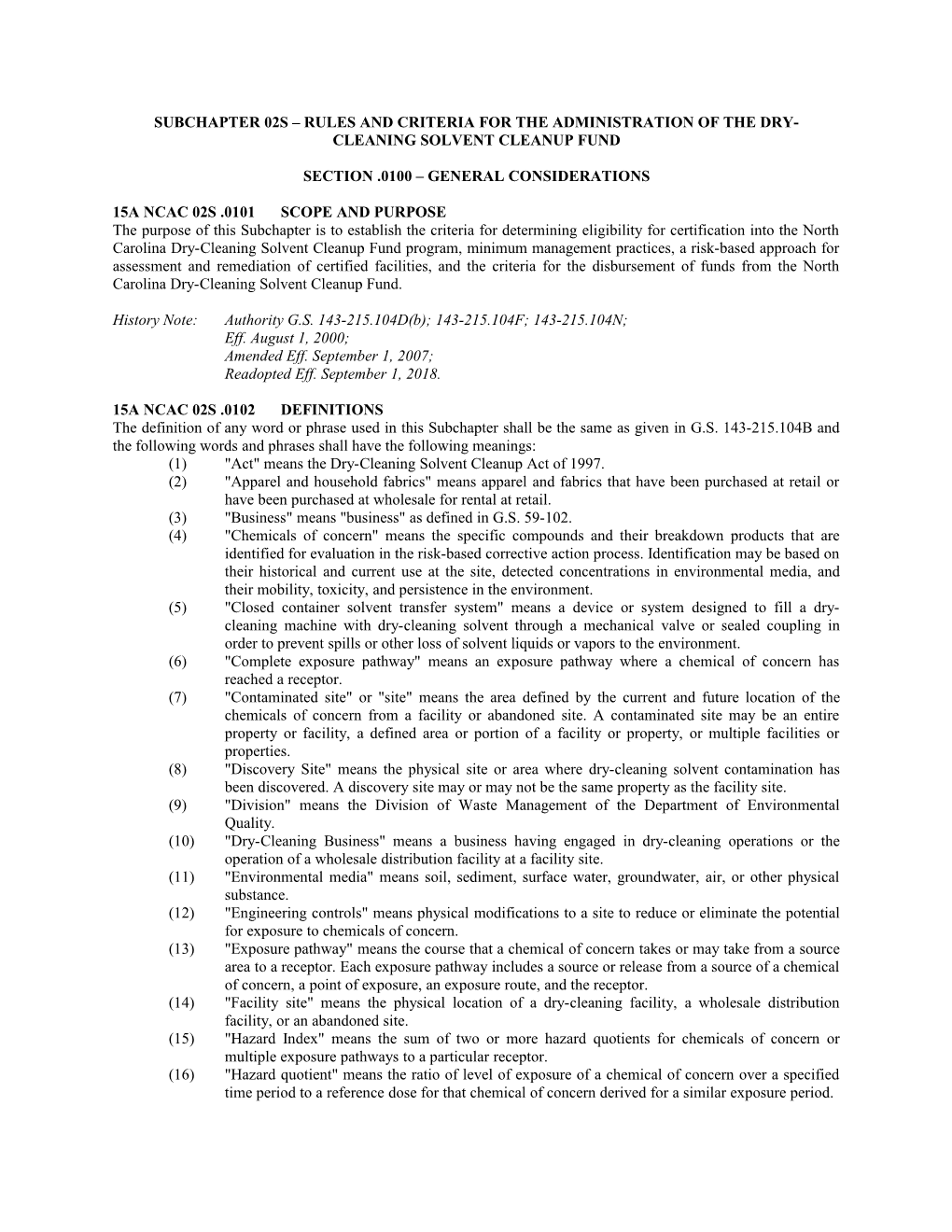 Subchapter 02S Rules and Criteria for the Administration of the Dry-Cleaning Solvent Cleanup