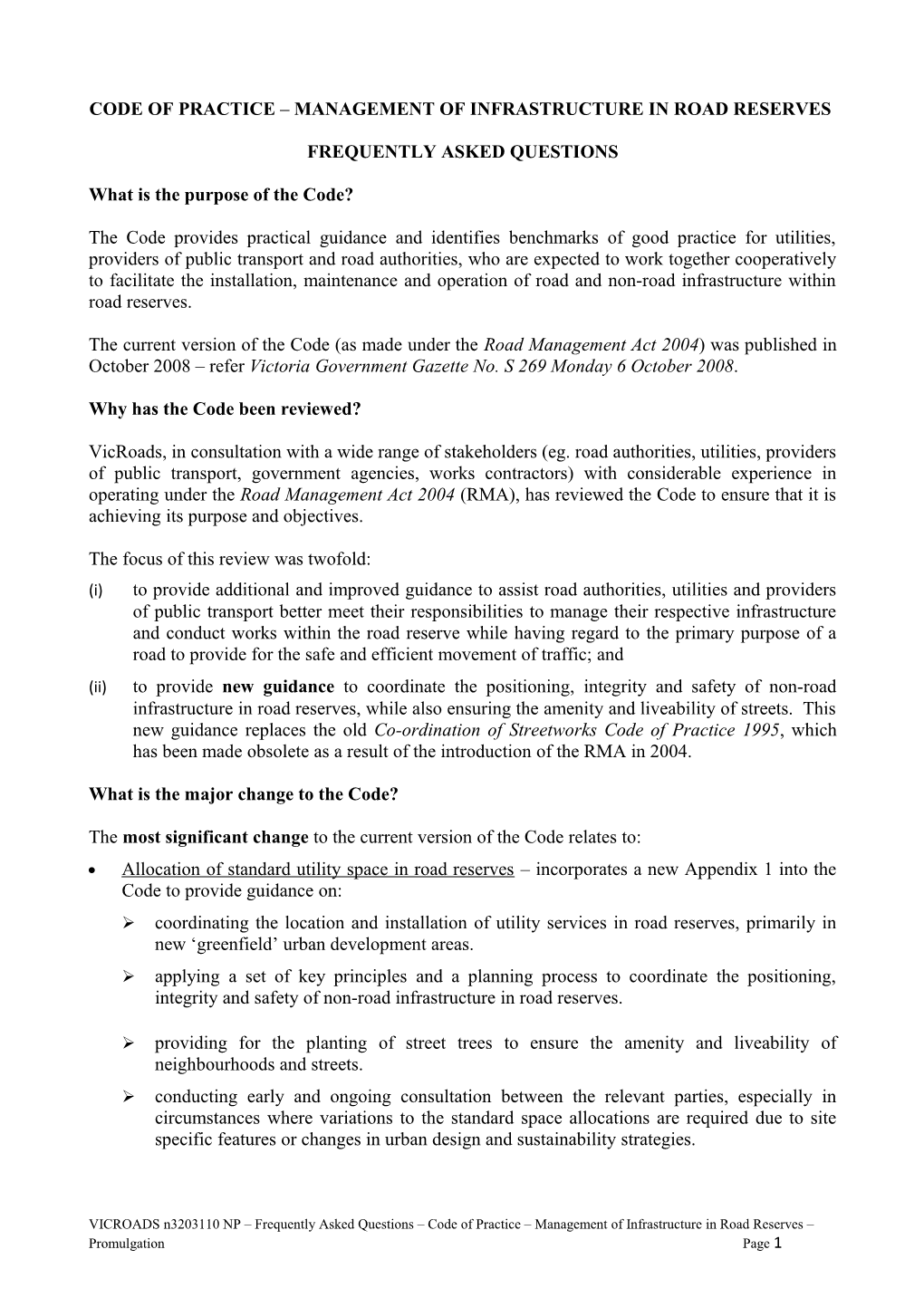 Code of Practice Management of Infrastructure in Road Reserves