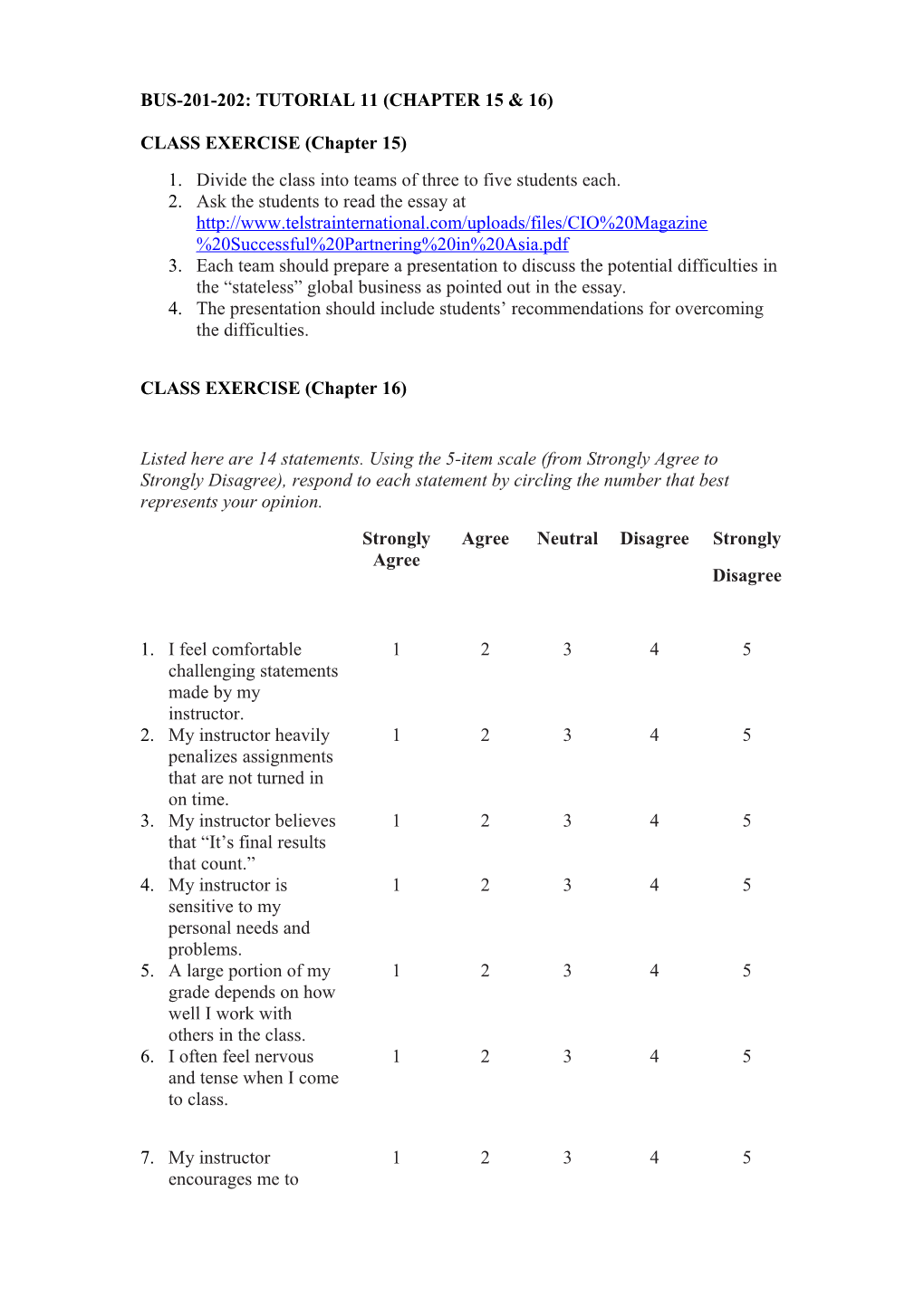 Bus-201-202: Tutorial 11 (Chapter 15 & 16)