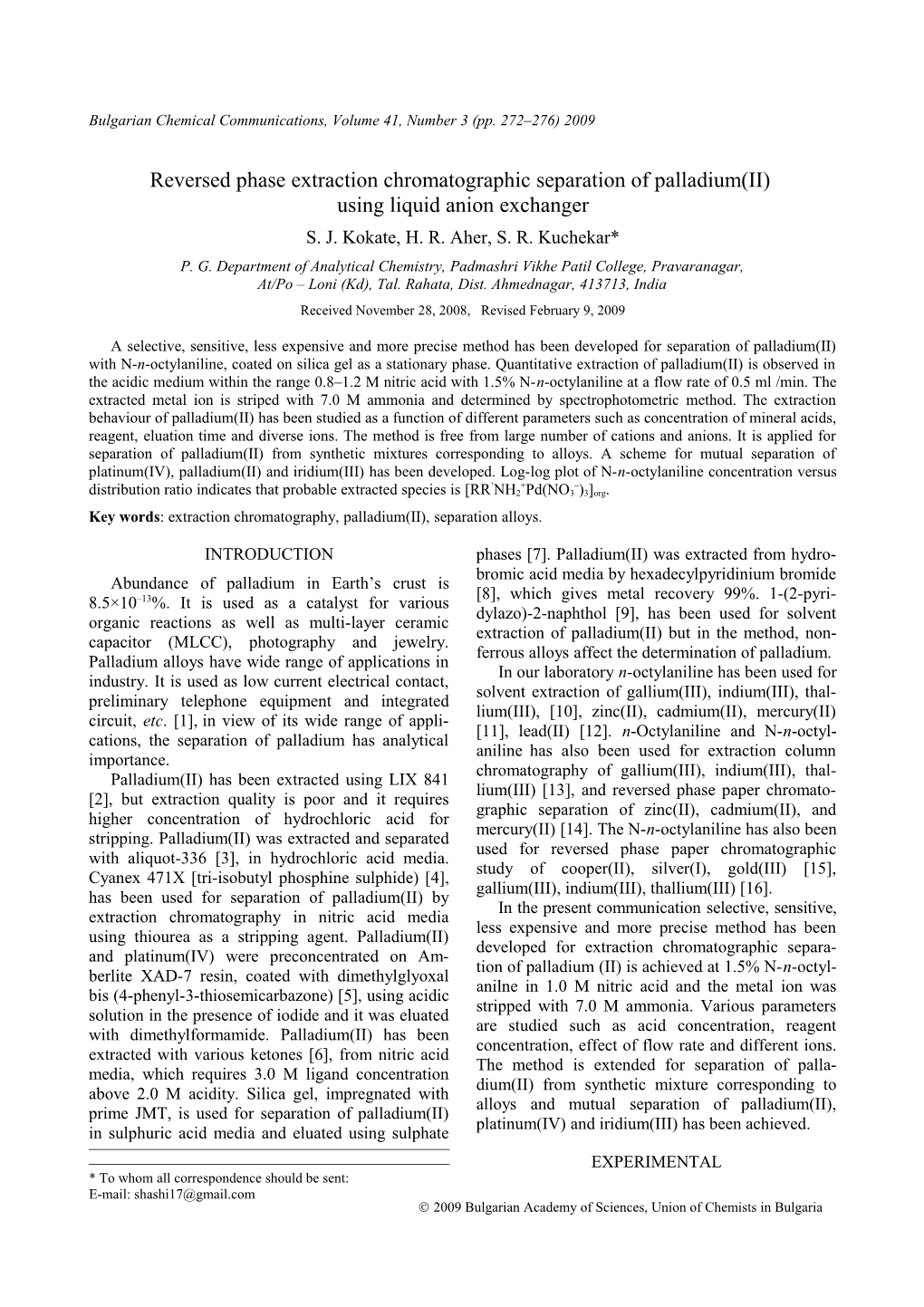 Reversed Phase Extraction Chromatographic Separation of Palladium(Ii) Using Liquid Anion