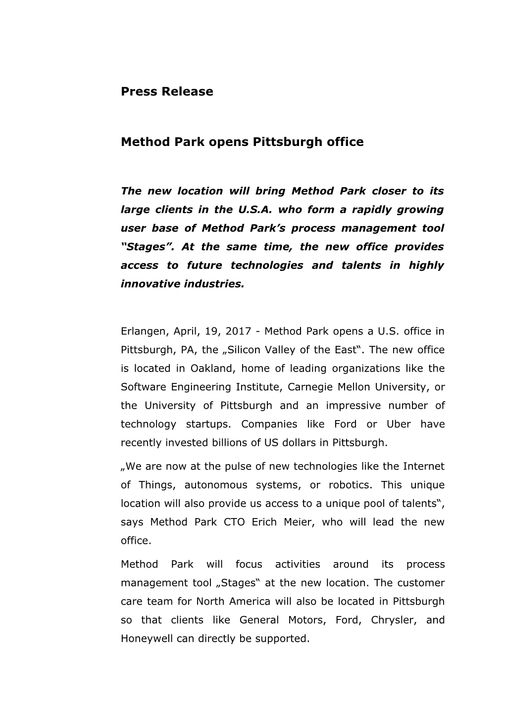 Method Park Opens Pittsburgh Office